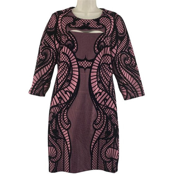 ECI New York Dress Womes 10 Pink Black Velvet Flocking‎ Zip Back Peek a Boo Bust - Picture 1 of 12